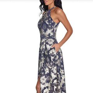 Betsy & Adam Metallic Crinkle Sleeveless Halter Floral Print Gown